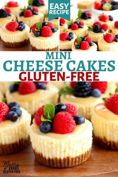 mini cheesecakes with fresh berries and blueberries on top are ready to be eaten