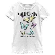 If you're looking for the hottest new trends, you're in the right place! Take your everyday style to the next level with this lovely new Girls' California Butterflies T-shirt from Lost Gods! This tee features yellow, blue, and pink, butterflies with the text: "California Golden State of Mind," across the front. Make everything from workouts to running errands, or even just lounging around the house a little extra chic! There’s no end to the awesomeness you’ll find when you shop apparel by Lost G Trendy White T-shirt With Butterfly Print, California Butterflies, Golden State Of Mind, California Shirt, Girls Graphic Tee, Graphic Tee Design, Boys Hoodies, State Of Mind, Blue And Pink