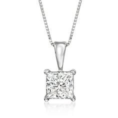 Ross-Simons - 1.00ct Princess-Cut Lab Grown Diamond Pendant Necklace. 18". A superb solitaire, at a significant value. Our beautiful pendant necklace glistens with a 1.00 carat princess-cut lab-grown diamond in a classic four-prong setting of brightly polished 14kt white gold. Suspends from a sleek box chain with a 2" extender. Lab-grown diamonds are identical to mined diamonds according to their optical, physical and chemical properties. All Ross-Simons lab-grown diamond jewelry in 14kt gold an Classic Solitaire Necklace With Princess Cut For Formal Occasions, Classic Princess Cut Solitaire Necklace For Formal Occasions, Classic Princess Cut Solitaire Necklace For Anniversary, Classic Princess Cut Diamond White Diamond Necklace, Classic Princess Cut Diamond White Necklace, Classic Princess Cut Diamond Necklace, Classic Princess Cut Diamond Necklace With Accents, Formal Solitaire Necklace In White Gold With Vs Clarity, Classic Diamond White Necklace With Vs Clarity