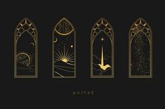 four windows with gold designs on them and the words portal written in white letters, against a black background