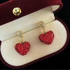 Nwt-Red Rhinestone Heart Earrings Set In Gold Overlay Red Heart Earrings For Wedding, Heart-shaped Rhinestone Earrings For Gift, Red Heart Earrings For Valentine's Day Wedding, Heart-shaped Earrings With Sparkling Stones For Gift, Red Heart Earrings For Wedding On Valentine's Day, Red Heart-shaped Cubic Zirconia Earrings, Heart Shaped Rhinestone Earrings For Valentine's Day, Heart-shaped Rhinestone Earrings For Valentine's Day, Heart-shaped Earrings With Sparkling Stones For Valentine's Day