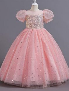 Kids Girls' Party Dress Solid Color Flower Short Sleeve Performance Wedding Sequins Elegant Princess Polyester Maxi Tulle Dress Summer Spring 4-13 Years Multicolor White Pink Pink Princess Style Dress For Banquet, Spring Princess Ball Gown For Prom, Spring Princess Ball Gown For Banquet, Spring Prom Princess Dress, Princess Style Ball Gown Bridesmaid Dress For Prom, Pink Princess Bridesmaid Dress, Fitted Princess Dress For Banquet, Tulle Ball Gown Princess Dress For Banquet, Tulle Ball Gown For Banquet