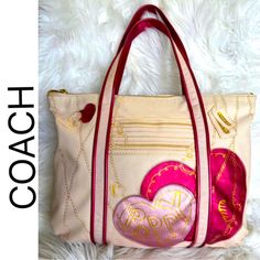 Coach Poppy Hearts Vintage 2009 Circa/ Super Rare And Hard To Find! Excellent Preloved Condition As Pictured. Collectors Status Highly Sought After! Also Available Is The Matching Wristlet And Wallet In A Separate Listing. Coach Poppy Glam Tote 14551 Metallic Pink Trim Metallic Pink And Gold Embellishments Zip Close Satiny Pink Lining Measures Approximately 16x14x3" Four Part Heart/ Poppy One Inner Zip Pocket And Two Inner Slip Pockets Coach Poppy, Gold Embellishment, Metallic Pink, Large Tote, Pink Leather, Leather Tote Bag, Coach Bags, Womens Tote Bags, Leather Tote