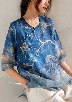 Italian Blue Print Oriental Summer Ramie Shirt Half SleeveFabric: Ramie100% LinenSize & Fit: Fit: This garment fits true to size.Length: Size M measures 26.91"from shoulder to hemBust: Great for any cup size. Waist: Loose Fit. Comfortable room throughout midsection.Hip: Loose Fit - room for hips. Hand Wash Cold. Italian Blue, Kurtis Tops, Blouses Vintage, Linen Tops, Half Sleeve Tops, Cotton Shirt Dress, Bohemian Print, Comfortable Room, Long Summer Dresses