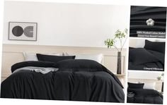 the bed is made with black sheets and pillows