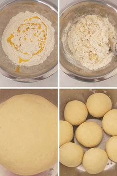 four pictures show the process of making dough for breads and pastries, including floured balls in a mixing bowl