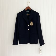 Lauren Ralph Lauren Sailor Navy Blazer With Gold Buttons And Embroidered Emblem- Lined Interior. ** Nwt But One Front Button As Well As One Button On Each Cuff Is Missing- In Perfect Condition Otherwise. Tailored Embroidered Blazer For Workwear, Blue Blazer Women, Orange Blazer, Ralph Lauren Blazer, Womens Tweed, Navy Blue Blazer, Classic Blazer, Navy Blazer, Striped Blazer