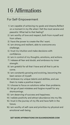 a poem written in black and white with the words, 16 affirmationss for self - enforcementment