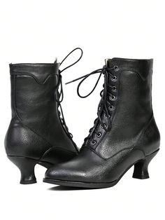 These stunning Victorian Charm boots feature a lace-up front and a comfortable kitten heel, perfect for any stylish woman looking to add a touch of elegance to her wardrobe. With intricate detailing and a classic design, these boots are sure to elevate any outfit. Color : Black Closure Type : Lace-up Upper Material : PU Leather Fitted Lace-up Martin Boots For Fall, Formal Low Heel Lace-up Boots For Fall, Gothic Lace-up Martin Boots For Fall, Gothic Fitted Lace-up Boots For Winter, Fitted Gothic Lace-up Boots For Winter, Elegant Lace-up Martin Boots For Winter, Gothic Lace-up Heeled Boots For Winter, Gothic Fitted Boots For Fall, Fitted Gothic Boots For Fall