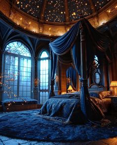 a large bed sitting inside of a bedroom next to a window with stars on it