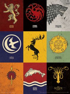 the game of thrones poster is shown in different colors and sizes, including black, white