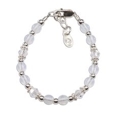 This precious blessing bracelet is designed with .925 sterling silver in white with crystals and accented with sparkling silver accents for baby and infants (0-12 months adjustable). Each bracelet has an extension chain, as the child baby grows just move to the next link for a perfect fit. Celebrate these cherished moments with this keepsake she will treasure forever! Bracelet measures 4 - 4.5 inches and comes packaged with special inspirational poem and gift box. This jewelry is hand-made in th Adjustable Silver Crystal Bracelet With Birthstone, Adjustable Silver Birthstone Crystal Bracelet, Adjustable White Sterling Silver Bracelet, Silver Crystal Birthstone Bracelet With Spiritual Style, Adjustable Sterling Silver Bracelets With Extender, Silver Spiritual Crystal Bracelet With Birthstone, Spiritual Silver Crystal Bracelet With Birthstone, Hypoallergenic White Jewelry For Baptism, Adjustable White Gold Charm Bracelet With Lobster Clasp