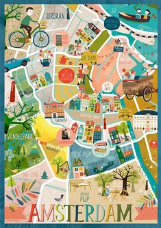 an illustrated map of the city of amsterdam, with many different buildings and trees on it