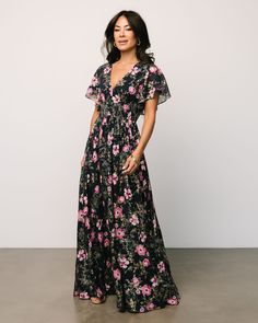 Bringing this bestseller back in some old favorites plus some new colors to fall in love with 😍 Shop the Lynlee now! 🛍️ Pink V-neck Dress With Elastic Waistband, Maxi Dress Dark, Dress Dark Blue, Baltic Born, Maxi Gown, Chiffon Material, Maxi Gowns, Pink Print, Flutter Sleeve