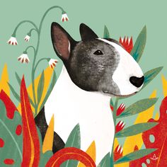 an illustration of a bull terrier surrounded by flowers