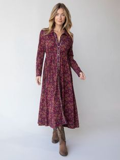 Christa Cotton Midi Dress - Cranberry Brown Floral-view 1 Dresses With Tights, Floral Cottage, 2012 Fashion, Cotton Maxi Dress, High Waist Dress, Long Sleeve Knit Dress, Gorgeous Clothes, Cotton Midi Dress, Cotton Maxi