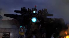 a large robot standing next to a fire hydrant in front of a dark sky