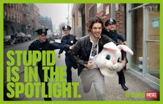 a man is running down the street with a stuffed animal in front of him and police officers behind him