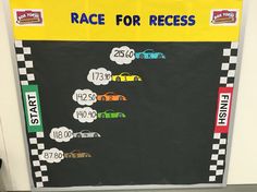 a race for recess bulletin board with cars on it