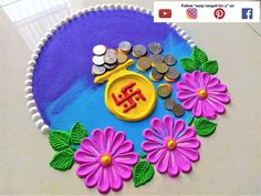 this is a colorful cake decorated with flowers and coins