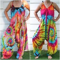 "💥One Size Fits Most Comfortable Tie Dye Hippie Jumpsuits Rompers Pants, Hippie Dress, Wide Legs Jumpsuits, Festival Clothings, Summer Clothing, Harem Dress, Beach Wear 👉One-of-a-kind hand dyed rompers 👉Fabric: 100% Soft and Breathable Rayon 👉Adjustable Tie shoulders 👉Boho/Hippie /Festival/Beach/Tropical/Fancy/UniqueTheme 👉Jumpsuit Length: 48\" 👉Straps Length: 19\" 👉Bust up to 55\" 👉Hip up to 60\" 👉 Tie Dye Method 👉The back is identical to front pattern 👉Flowy open legs 👉One Size Fi Bohemian Multicolor Jumpsuits And Rompers For Spring, Cotton Jumpsuits And Rompers For Summer Festivals, Bohemian Multicolor Harem Pants For Vacation, Bohemian Summer Harem Pants For Festivals, Bohemian Cotton Jumpsuits And Rompers For Vacation, Bohemian Cotton Jumpsuit For Vacation, Multicolor Hippie Jumpsuits And Rompers For Festival, Hippie Multicolor Jumpsuits And Rompers For Festival, Multicolor Cotton Jumpsuits And Rompers For Festivals