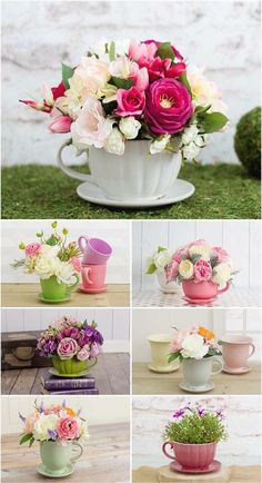 flowers in cups and saucers are arranged on the table