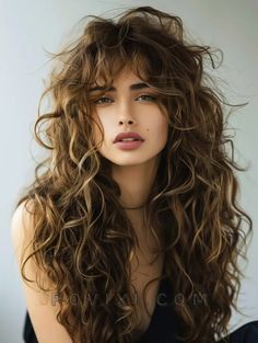 Curl Shag Hairstyles, Braided Perm Before And After, Long Hair Natural Curls, Curly Shag With Curtain Bangs, Bangs For Curly Hair Natural Curls, Long Curly Shag With Bangs, Curly Voluminous Hair, Long Curly Brunette Hair, Shaggy Curly Hair Long