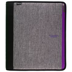 a gray and purple notebook with black trim