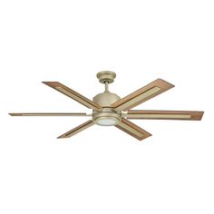 a ceiling fan with three wooden blades