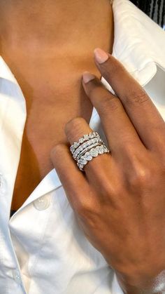 Stacked Eternity Bands Engagement, Stackable Diamond Rings Eternity Bands, Two Eternity Bands Stacked, Diamond Band Stacked Rings, Oval Eternity Band Stacked, Push Present Ring Stack, Large Diamond Wedding Band, Ring Stack Diamond, Diamond Rings Stack