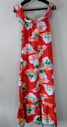 "Hilo Hattie Hawaiian Muumuu Maxi Dress, Palm Trees, Red, Floral, XS, Vintage, Sleeveless, Summer Size XS. Measures approx. 18\" pit to pit and 48\" length. Looks great!" Red Fitted Beachwear Maxi Dress, Fitted Red Beachwear Maxi Dress, Fitted Red Maxi Dress For Beachwear, Red Hawaiian Floral Print Dress, Red Hawaiian Dress With Floral Print, Hawaiian Style Red Floral Print Dress, Fitted Red Maxi Dress For Beach Season, Red Hawaiian Dress For Spring, Red Hawaiian Beach Dress