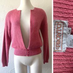 "Fuzzy!! Vtg Pronto silk angora lambswool blend cardigan with deep V and buttons at the bottom. Light balloon sleeves. Pretty rosie pink.  Medium but flexible.. Bust when pulled closed 36\" length 21\"" Vintage V-neck Cardigan For Layering, Fitted Soft Knit V-neck Cardigan, Fitted V-neck Soft Knit Cardigan, Cozy Fitted V-neck Cardigan, Pink Fitted Soft Knit Cardigan, Fitted Vintage Pink Cardigan, Pink V-neck Cardigan For Layering, Genie Pants, Angora Cardigan