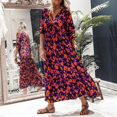 Fashion Vintage Printed V-neck Long Sleeve Loose Vacation Dress Floral Print V-neck Midi Dress, Long Sleeve V-neck Dress For Summer Vacation, Spring Floral Print V-neck Dress For Date Night, Chic Multicolor V-neck Dress For Vacation, Casual Flowy V-neck Dress For Day Out, Flowy V-neck Dress For Day Out, Casual Printed V-neck Maxi Dress, Multicolor V-neck Summer Midi Dress, Printed V-neck Spring Vacation Dress