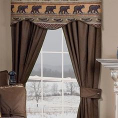 there is a window with bears on it and a chair in front of the window