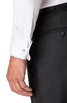 A diamond-dobby texture elevates the sophistication of this meticulously tailored tuxedo shirt cleanly crafted with a hidden button placket and French cuffs. 30 1/2" length; 43" chest (size 16.5) Hidden button placket Spread collar with permanent collar stays Long sleeves with French cuffs Back yoke Curved hem 100% cotton Machine wash, line dry Imported Men's Furnishings Fitted Tuxedo Shirt For Formal Occasions, Formal Fitted Tuxedo Shirt, Formal Tuxedo Dress Shirt With Long Sleeves, Formal Tuxedo Shirt, Classic Semi-formal Tuxedo With Hidden Button Closure, Classic Semi-formal Tuxedo With Hidden Buttons, Luxury Fitted Dress Shirt For Wedding, Classic Formal Tuxedo With Hidden Button Closure, Elegant Dress Shirt With Concealed Placket For Work