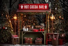 a hot cocoa bar with christmas decorations and lights on the trees in front of it