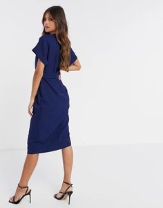 Closet London wrap tie midi dress in navy | ASOS Chic Midi Dress With Surplice Neckline And Tie Waist, V-neck Belted Midi Dress For Office, V-neck Tie Waist Midi Dress For Date Night, V-neck Midi Dress With Tie Waist For Date Night, Blue V-neck Wrap Dress With Tie Waist, Chic Belted Midi V-neck Dress, Chic Belted V-neck Midi Dress, V-neck Belted Midi Dress For Date Night, Belted V-neck Midi Dress