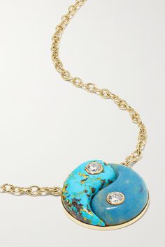 Retrouvaí's 'Yin Yang' necklace is inlaid with vibrant turquoise and trolleite in the shape of the traditional Chinese symbol of balance its named after. Handmade from 14-karat gold, it's strung on a delicate chain and dotted with a pair of diamonds. Sapphire Necklace Gold, Symbol Of Balance, Morganite Necklace, Yin Yang Necklace, Malachite Necklace, Sparkly Jewelry, Tourmaline Necklace, Emerald Necklace, Delicate Chain