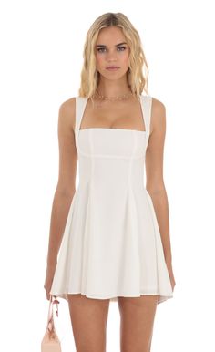 Foxie Fit and Flare Dress in White | LUCY IN THE SKY White Semi Formal Dresses, White Hoco Dress, College Grad Dresses, Semi Ideas, Best Graduation Dresses, White Grad Dress, Quince Planning, Graduation Dress College, Promotion Dresses