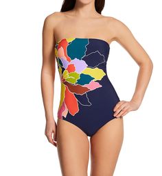 Wireless one piece swimsuit has fabulous floral graphic at sides and removable straps for strapless style. Great for tanning. Shelf bra has wireless cups with microfiber lining and pockets for light, removable padding, included. Elastic band under inner cups provides extra bust support. Underband has embossed logo that repeats to back. Straight neckline has covered elastic edge to keep fit close. Vibrant flower graphic is printed at sides. Sides of cups have ruching for added volume. Upper sides Multicolor Strapless Swimwear For Swimming, Strapless Swimwear For Spring Pool Season, Strapless Swimwear For Pool In Spring, Strapless Swimwear For Spring, Multicolor Strapless Swimwear For Poolside, Strapless Printed Swimwear For Beach, Strapless Floral Print Swimwear For Sunbathing, Printed Strapless Swimwear, Multicolor Strapless Swimwear