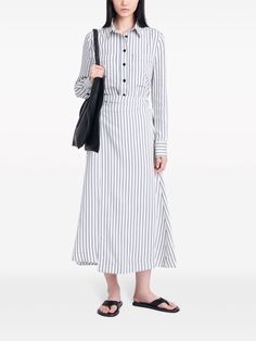 Summer Workwear Skirt With Vertical Stripes, Chic Vertical Stripes Skirt For Spring, Chic Pinstripe Skirt For Spring, Chic Spring Skirt With Striped Hem, Elegant Striped Relaxed Skirt, White Lined Midi Dress, Spring Striped Midi Skirt, Striped Midi Skirt For Spring, Elegant Striped Midi Dress For Daywear