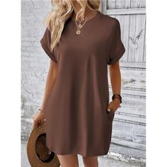 -Item Id 33409616 -Details: Pocket -Neckline: Round Neck -Sleeve Type: Batwing Sleeve -Style: Casual -Type: Tee, Tunic -Waist Line: Natural -Hem Shaped: Straight -Color: Brown -Pattern Type: Plain -Sleeve Length: Short Sleeve -Lined For Added Warmth: No -Length: Short -Fit Type: Loose -Fabric: Medium Stretch -Material: Fabric -Composition: 95% Polyester, 5% Elastane -Care Instructions: Machine Wash Or Professional Dry Clean -Pockets: Yes -Sheer: No **Open To Offers!!!** **Bundle To Save More** * Sleeves Clothing, Round Neck Dresses, Style Noir, Crewneck Dress, Khaki Dress, Short Sleeve Mini Dress, Loose Dress, Sleeveless Jumpsuits, Amelie