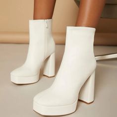 White Platform Booties -9 Brand New! Comfortable Heel Square Toe With Side Zipper White Platform Boots With Zipper Closure For Spring, White Casual Boots With Zipper Closure, White High Ankle Boots With Zipper Closure, White Boots With Zipper Closure For Spring, White High Heel Platform Boots With Zipper, White Ankle-high Boots With Zipper, White Platform Boots With Zipper For Winter, White Winter Platform Boots With Zipper, Chic White Boots With Zipper