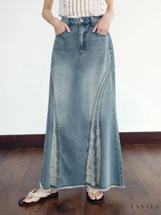 Lasaky - Premium High-Waisted Frayed Hem Mermaid Maxi Denim Skirt Chic Dark Wash Full-length Denim Skirt, Dark Wash Patchwork Denim Skirt, Distressed High-rise Dark Wash Denim Skirt, Full Length Non-stretch Denim Blue Denim Skirt, Full-length Denim Blue Skirt With Frayed Hem, Denim Maxi Skirt, Types Of Skirts, Denim Skirt, Dark Blue