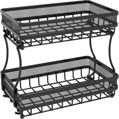 two tiered metal trays with wheels on each side, one is black and the other is white