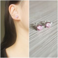 6mm Pink Cubic zirconia Silver stud invisible resin clip on earrings, metal is rhodium plated over brass. Details :- **6mm 4-prong round Pink CZ stud. **Earrings length is 6mm. **Approx weight is 0.65g (1.3g per pair) ♥ ♥ Invisible resin clip on are soft and elastic, so it is comfortable to wear and will not drop off easily. Since they are invisible so they look like pierced ear earrings. But they are fragile, so pls handle these earrings with care and don't spread too wide. ♥ ♥ These earrings c Classic Cubic Zirconia Clip-on Earrings For Gift, Classic Hypoallergenic Clip-on Earrings As Gift, Minimalist Hypoallergenic Clip-on Earrings Gift, Non Pierced Earrings, Pierced Ear, Ear Earrings, Earrings Metal, Earrings Minimalist, Pearl Gemstone