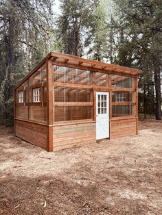 a small wooden building with a white door and windows in the middle of a forest