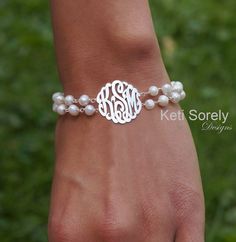 White Pearl Bracelet with Monogram Initials, Double String Freshwater Pearls - Sterling Silver, Yell Classic White Jewelry With Initials, Classic Personalized Pearl Jewelry, Elegant White Monogram Jewelry, Personalized Round Bead Pearl Bracelet In Elegant Style, Classic Personalized Adjustable Pearl Bracelet, Personalized Round Bead Pearl Bracelet, Personalized Adjustable Classic Pearl Bracelet, Elegant Personalized Round Bead Pearl Bracelet, Personalized Silver Pearl Bracelet For Wedding