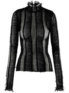 black knitted construction frilled high neck long sleeves straight hem Chic Textured Knit Turtleneck, Elegant Long Sleeve Textured Knit Turtleneck, Elegant Textured Knit Long Sleeve Turtleneck, Elegant Fitted Textured Knit Turtleneck, Fitted Textured Knit Turtleneck With Funnel Neck, High Neck Textured Knit Top For Layering, Stretch High Neck Textured Knit Top, Textured Knit High Neck Top For Layering, Stretch Textured Knit High Neck Top