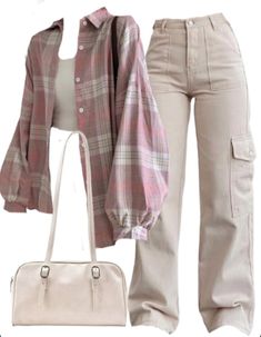 How To Style Pink Button Up, Outfits Ideas With Cargo Pants, Cute Outfit Inspo For Teens, Cute Blouse Outfits, Light Brown Cargo Pants Outfit, Art School Aesthetic Outfit, Japanese Outfits Aesthetic, Styling Cargo Pants Women, H And M Outfits